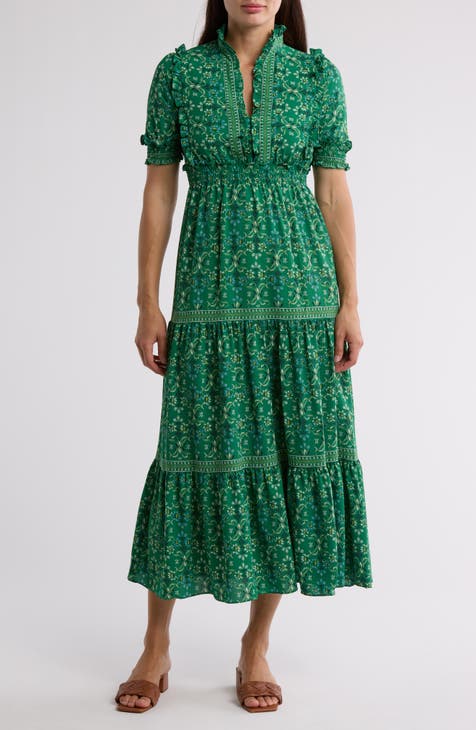 Vestido largo escalonado con estampado de cuello con volantes