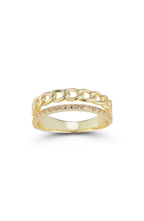 Anillo Doble Banda Plata de Ley Chapada y CZ - Talla 6