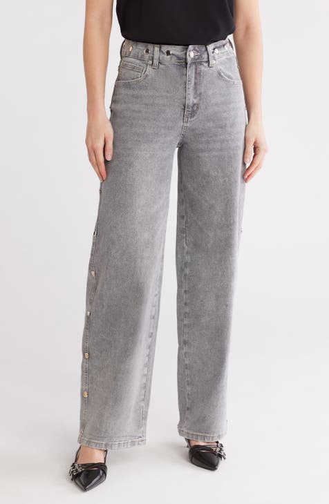 Vaqueros con tachuelas y pierna ancha de cintura alta (lavado gris claro)