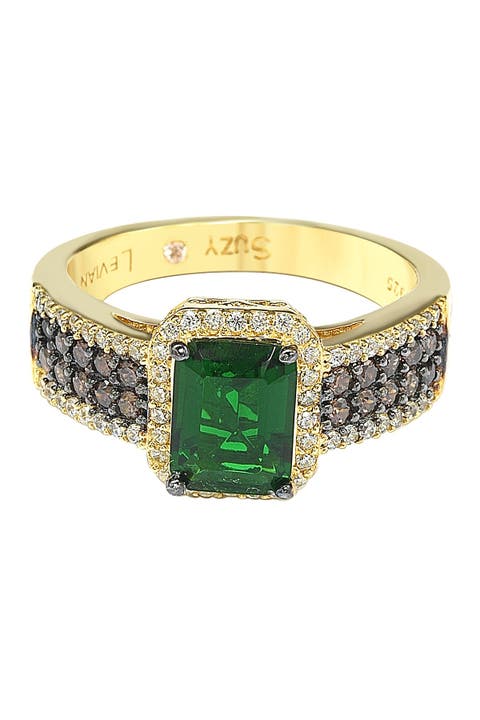 Anillo de compromiso de plata de ley dorada con circonitas verdes, marrones y blancas