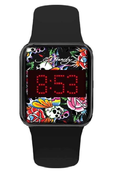 x Ed Hardy Reloj con Correa Digital de Silicona Impresa, 40mm x 33.7mm