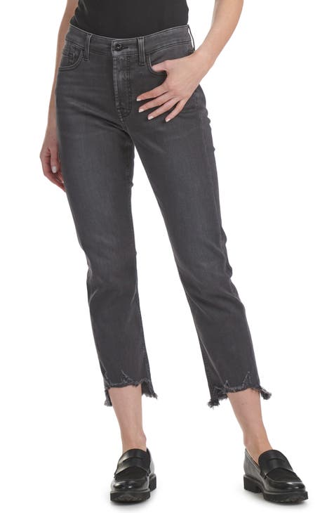 Vaqueros de pierna recta con tobillo y dobladillo destruido (negro lavado)