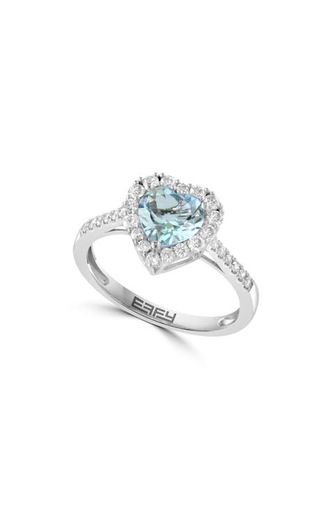 Anillo Halo de Aguamarina y Diamantes en Oro Blanco de 14K