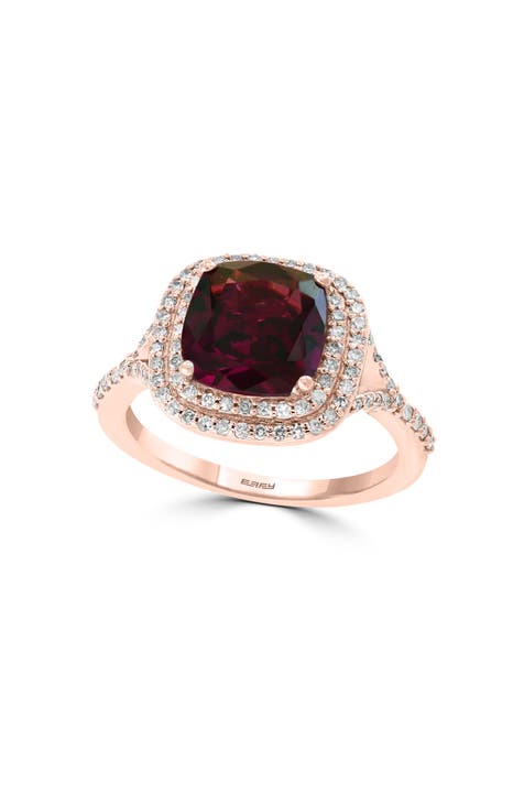 Anillo de oro rosa de 14 quilates con halo de diamantes rodolita talla cojín - 0,39 ct.