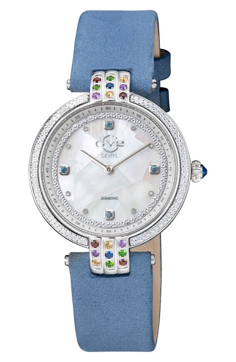 GEVRIL Reloj de mujer Matera con correa de gamuza y diamantes, 35mm - 0.038 ctw