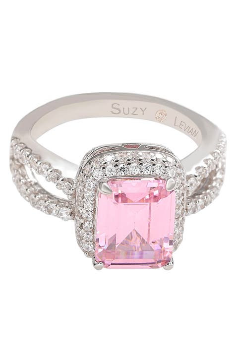 Anillo Pavé Halo CZ Esmeralda Rosa de Plata de Ley
