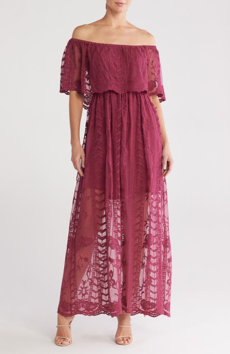 Vestido largo con hombros descubiertos y superposición de encaje