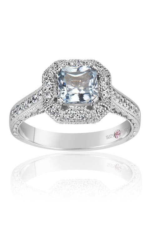 Anillo de compromiso de plata de ley con corte Asscher de circonita cúbica y aguamarina