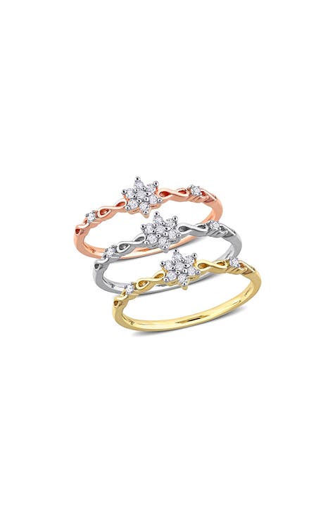 Juego De 3 Anillos De Diamantes Florales - 0.27ct.