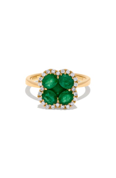 Anillo Trébol Esmeralda y Pavé de Diamantes de Oro de 14K