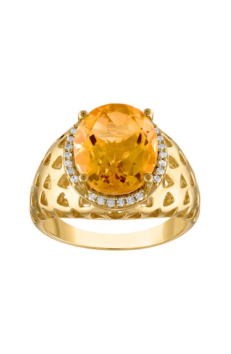 Anillo de Oro de 14K sobre Plata con Citrino y Diamante