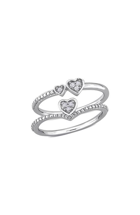 Juego de 2 anillos apilables de plata de ley con pavé de diamantes en forma de corazón - 0,07ct.