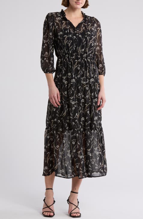 Vestido midi escalonado de manga larga con cuello anudado floral