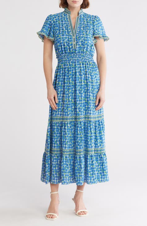 Vestido largo fruncido con mangas acampanadas