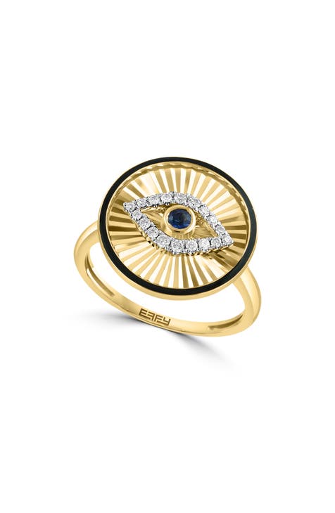 Anillo de oro amarillo de 14 quilates con diamantes y zafiro Ojo maligno