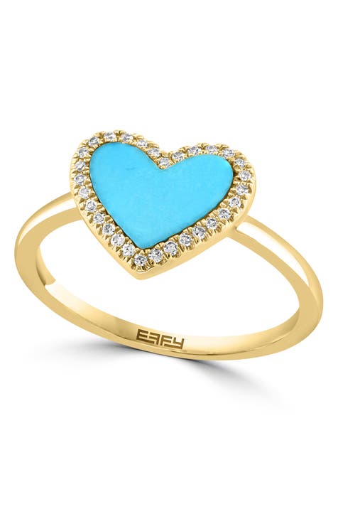 Anillo Corazón Turquesa Halo Diamante Oro 14K - 0,09 ctw - Talla 7