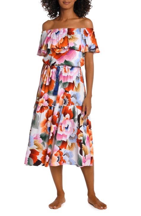 Vestido midi con hombros descubiertos y estampado floral