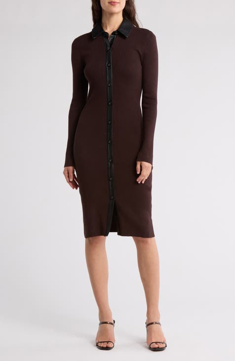 Vestido camisero de canalé con ribete de piel sintética