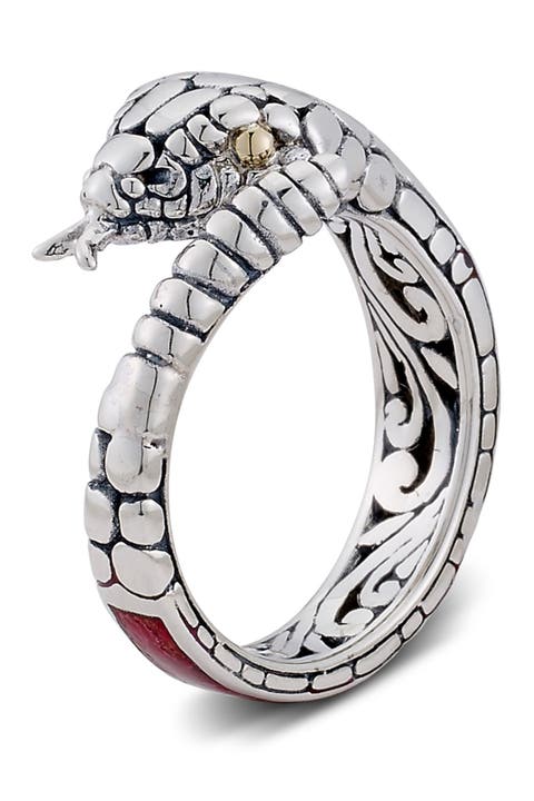 Anillo de serpiente Bypass de plata de ley y oro amarillo de 18 quilates con detalle de coral