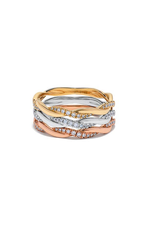 Juego de 3 anillos de banda trenzada de diamantes en oro de 14 quilates - 0,35 ct.