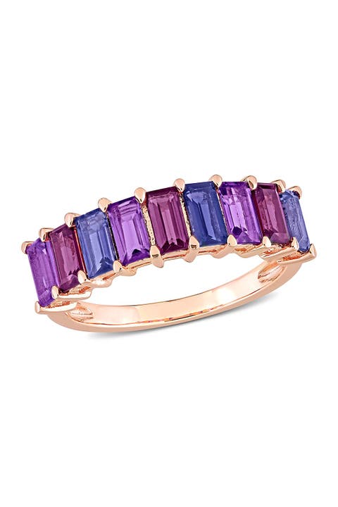 Anillo multigema de plata de ley chapado en oro rosa de 18 quilates con talla baguette