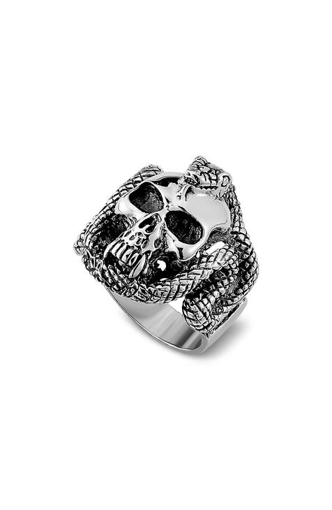 Anillo calavera y serpiente de plata de ley