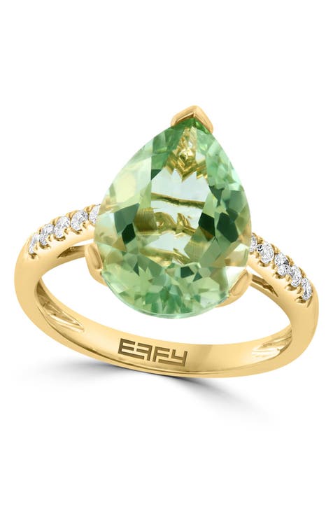 Anillo de oro amarillo de 14 quilates, diamante y cuarzo verde pera