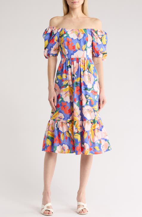 Vestido de manga abullonada de algodón con estampado floral