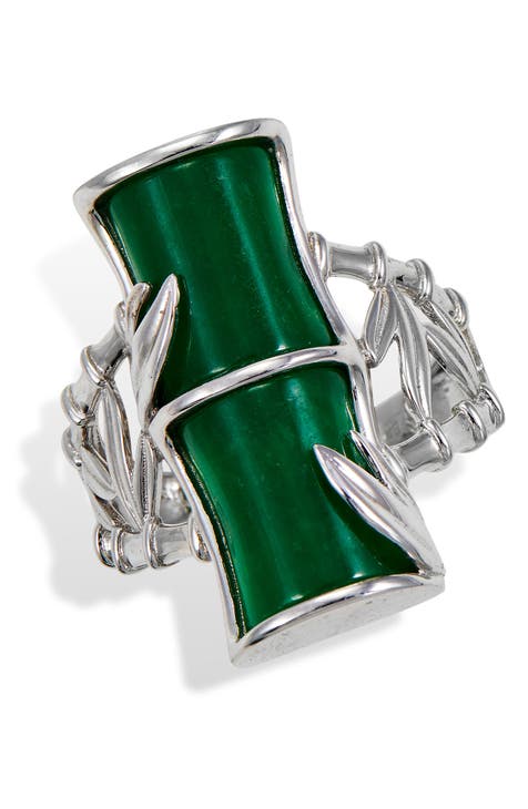 Anillo de plata de ley con textura de bambú y jade