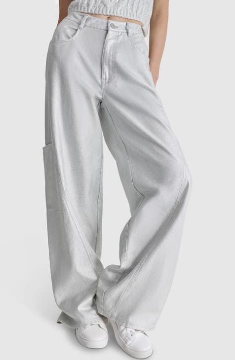 Vaqueros cargo limpios de cintura alta y no elásticos (plateados)