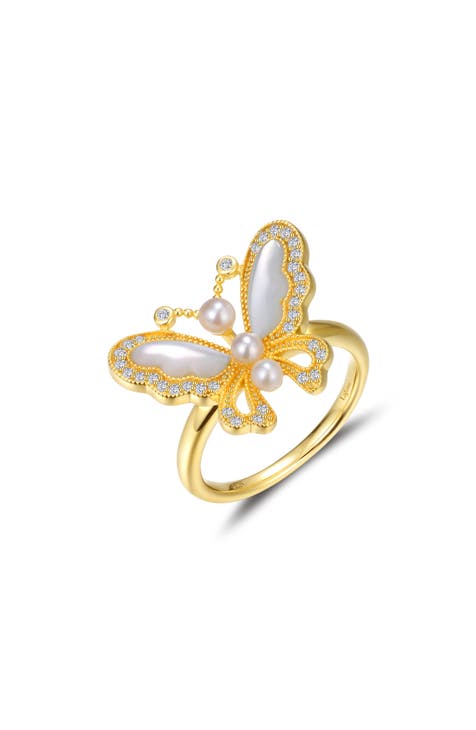Anillo Mariposa de Perla Cultivada de Agua Dulce, Nácar y Diamante Simulado