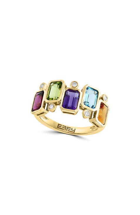Anillo de oro amarillo de 14 quilates con amatista, topacio azul, citrino, rodolita, peridoto y diamantes - 0,07 ct.