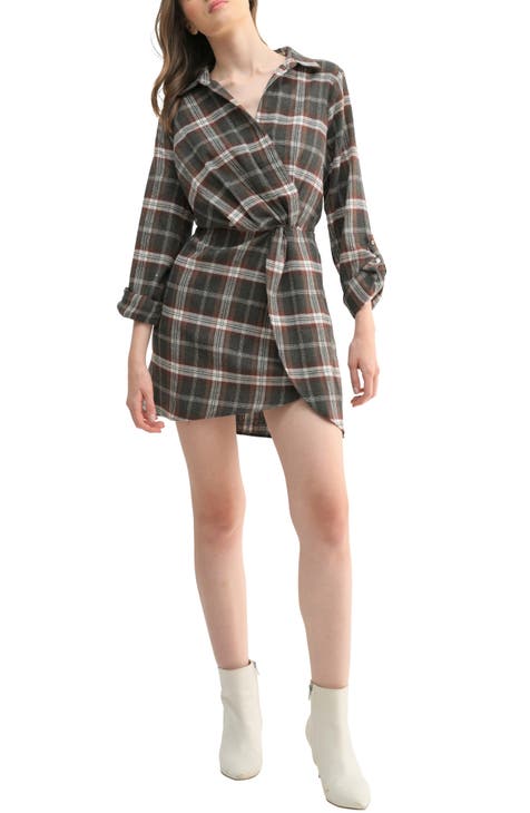 Vestido de manga larga con diseño torcido a cuadros