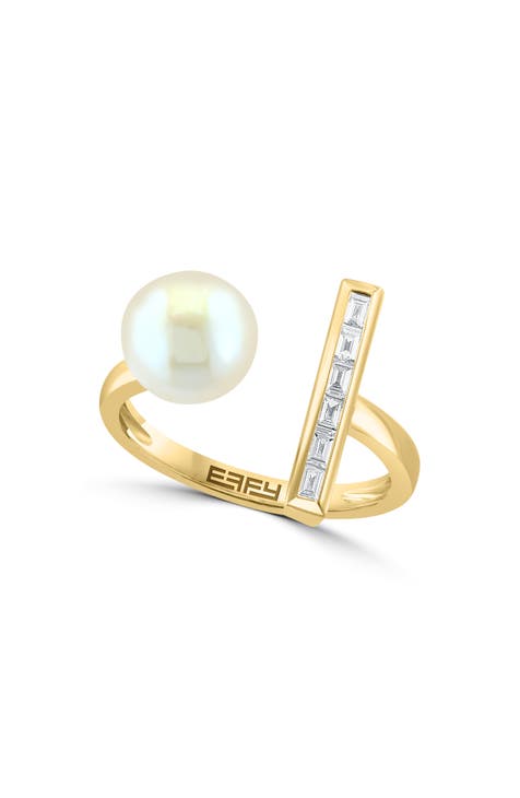 Anillo de oro amarillo de 14 quilates con diamante talla baguette y perla de agua dulce