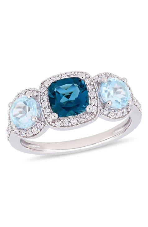 Anillo de diamantes topacio azul talla cojín de plata de ley - 0,28 ctw.
