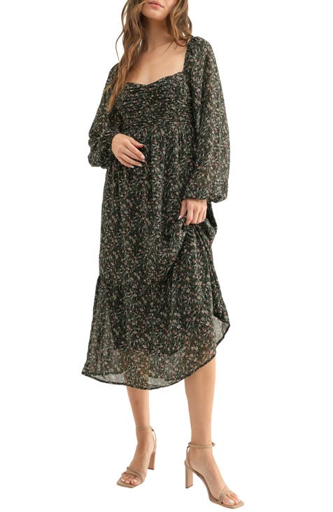 Vestido midi de gasa de manga larga floral