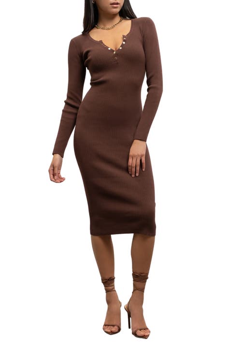Vestido midi de punto de canalé de manga larga