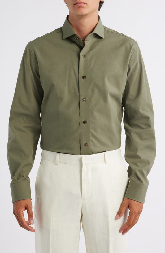 Trim Fit Solid Green Cotton Dress Shirt (Regular & Big)