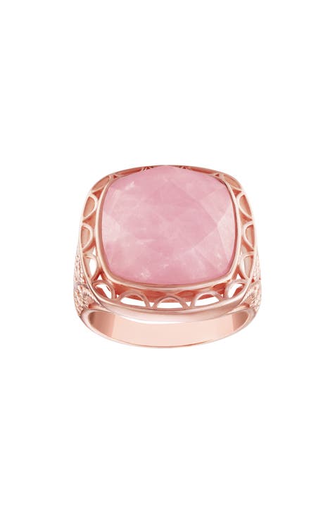 Anillo de Cuarzo Rosa en Oro Rosa sobre Plata de 14K