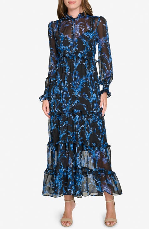 Vestido largo de gasa de manga larga con estampado floral provincial