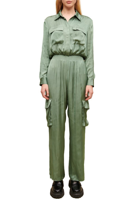 Paicy Long Sleeve Satin Cargo Jumpsuit