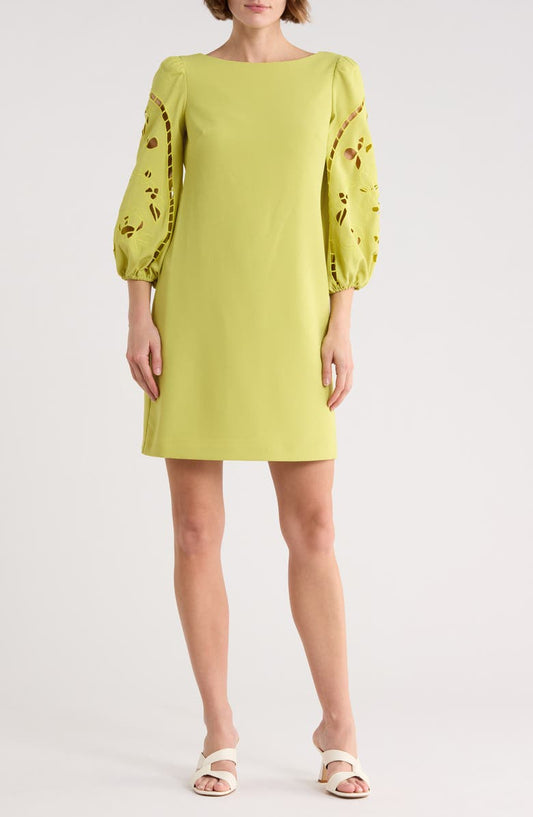 Eyelet Sleeve Crepe Shift Dress