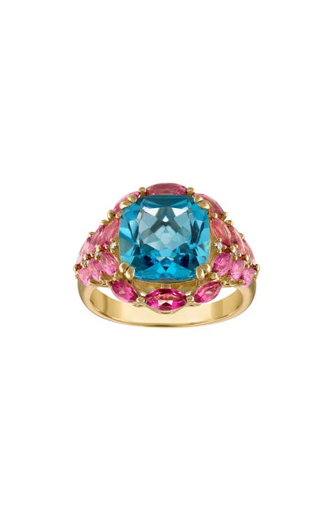 Anillo de plata de ley con diamantes, topacio rosa y azul suizo - 0,06ct.