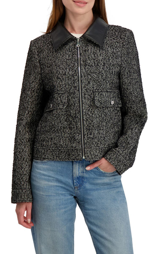 Herringbone Faux Leather Collar Jacket