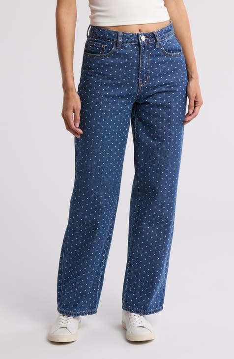 Jeans rectos con cintura alta y lunares