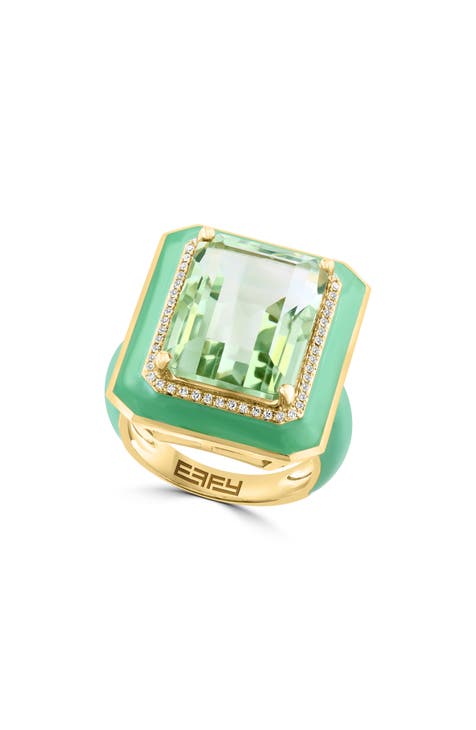 Anillo de oro amarillo de 14 quilates con diamantes y prasliolita - Talla 7 - 0,15 ctw.