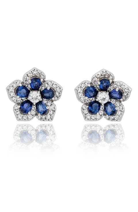 Sapphire & Diamond Flower Stud Earrings