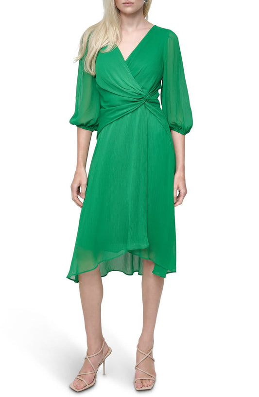 Puff Sleeve Faux Wrap Midi Dress
