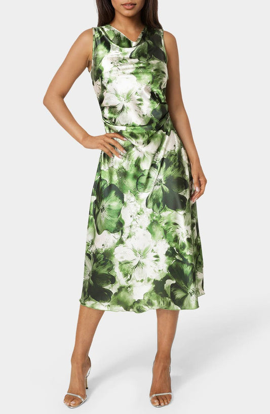 Floral Cowl Neck Sleeveless Satin Midi Dress