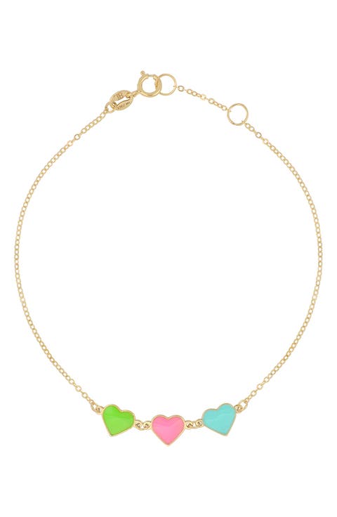 14K Gold Enamel Heart Charm Bracelet